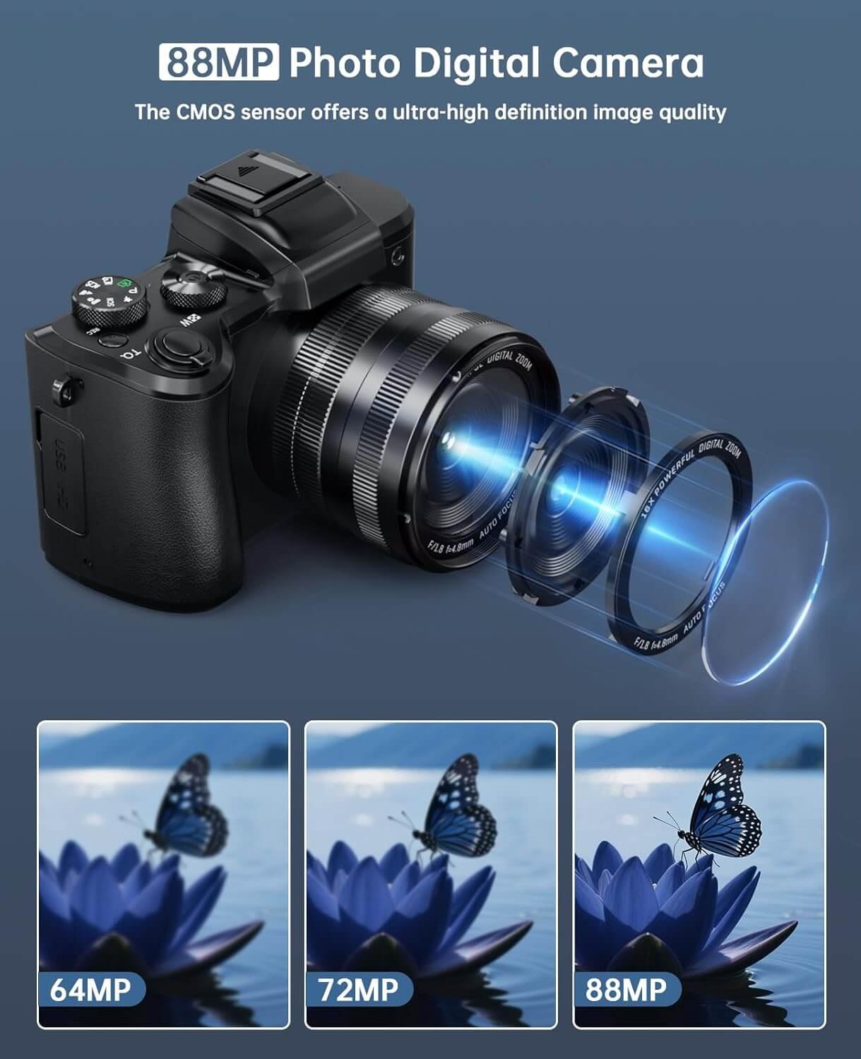 8K Digital Cameras for Photography Autofocus 88MP WiFi Professional 16X Digital Zoom Photography Camera with Dual-Lens 2