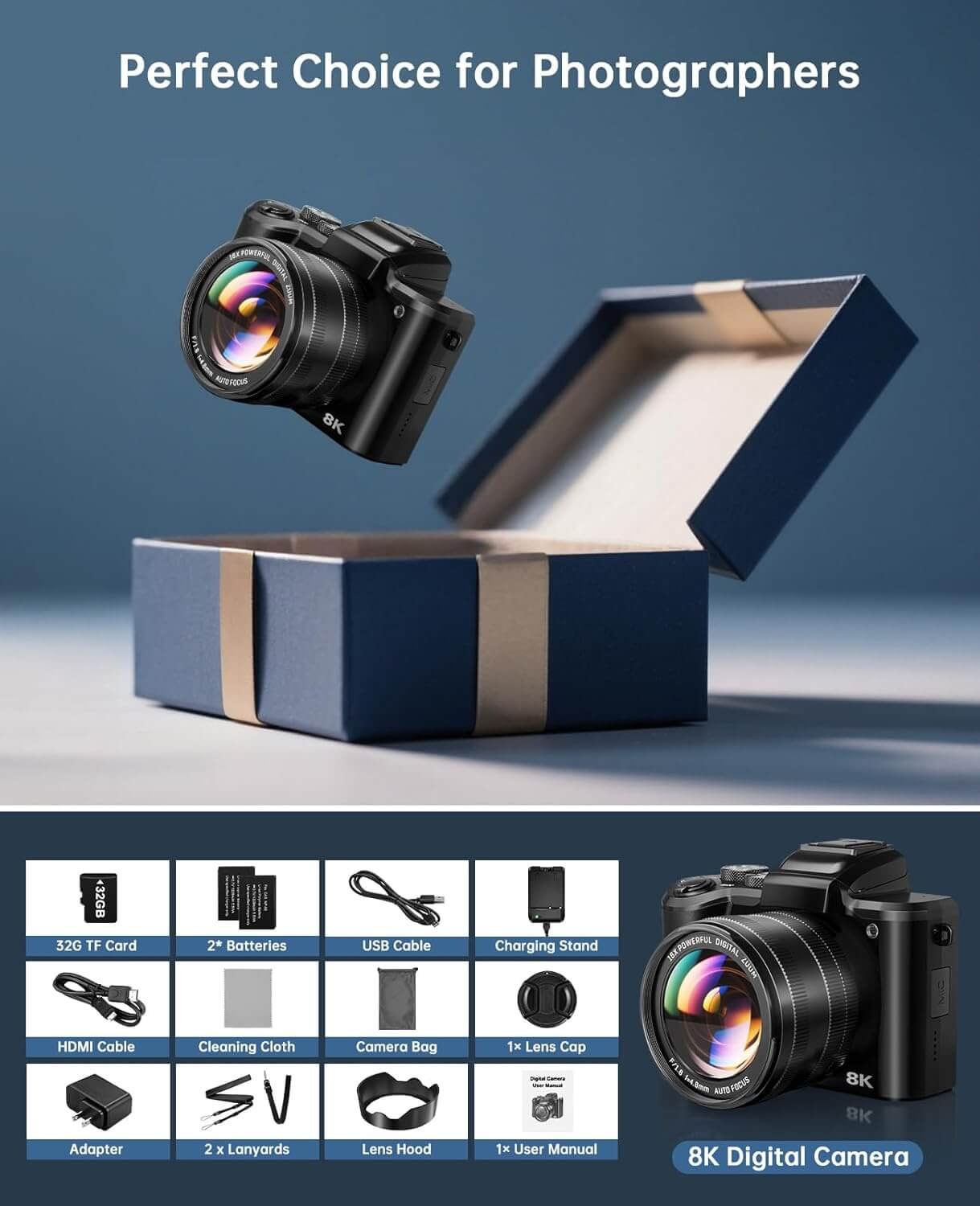 8K Digital Cameras for Photography Autofocus 88MP WiFi Professional 16X Digital Zoom Photography Camera with Dual-Lens 7